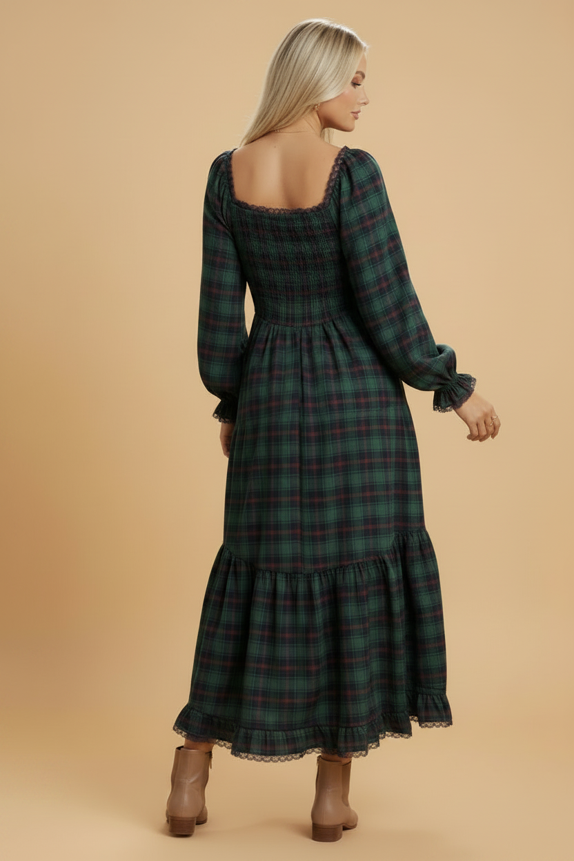 Plaid Lace Trim Long Sleeve Maxi Dress, detail view