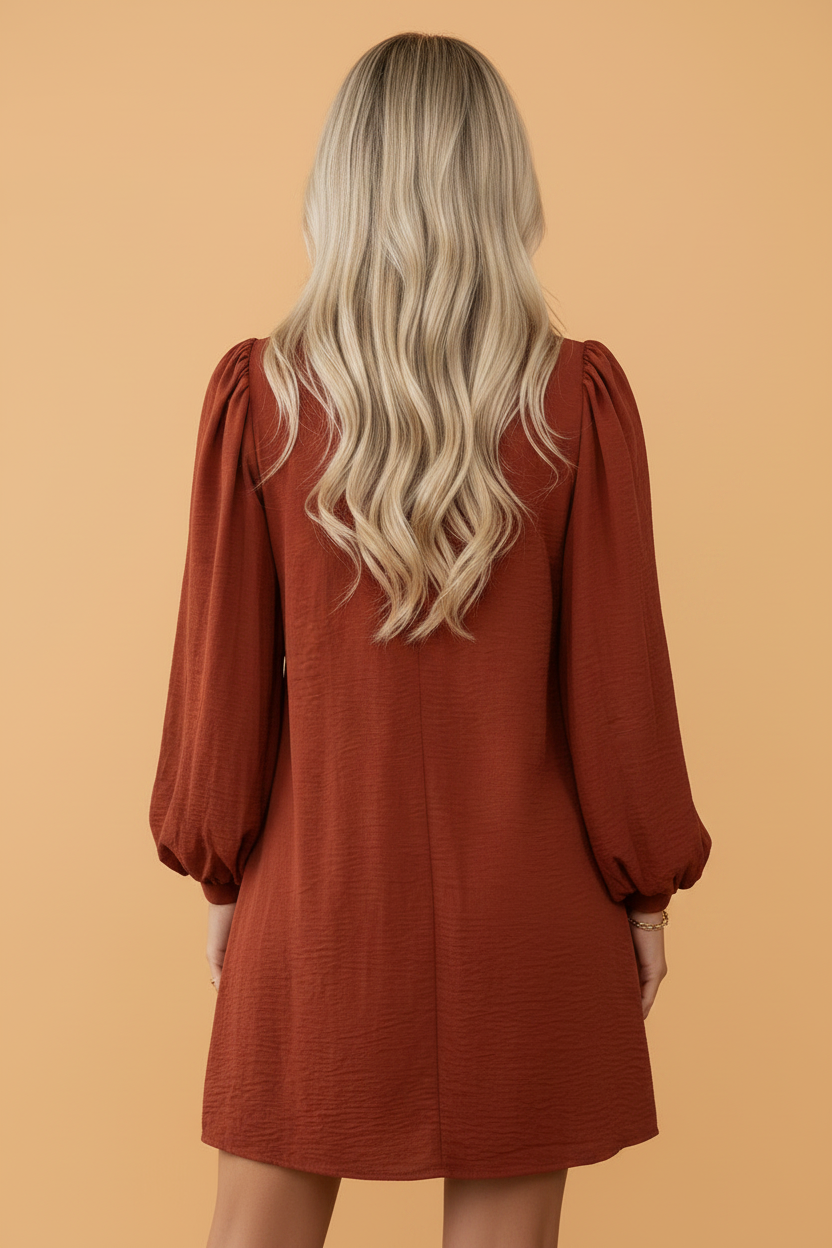 Ruffle Neckline Puff Sleeve Mini Dress in coffee, detail