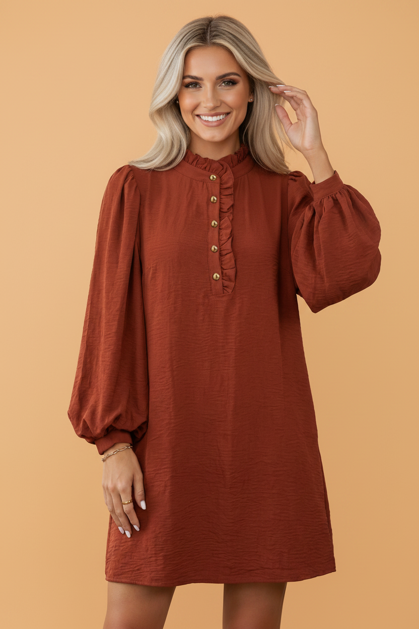 Ruffle Neckline Puff Sleeve Mini Dress in coffee, front view