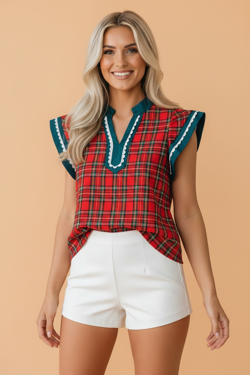 Plaid Scallop Ricrac Trim Short Sleeve V-Neck Blouse in Red, front view