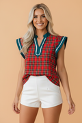 Plaid Scallop Ricrac Trim Short Sleeve V-Neck Blouse in Red, front view