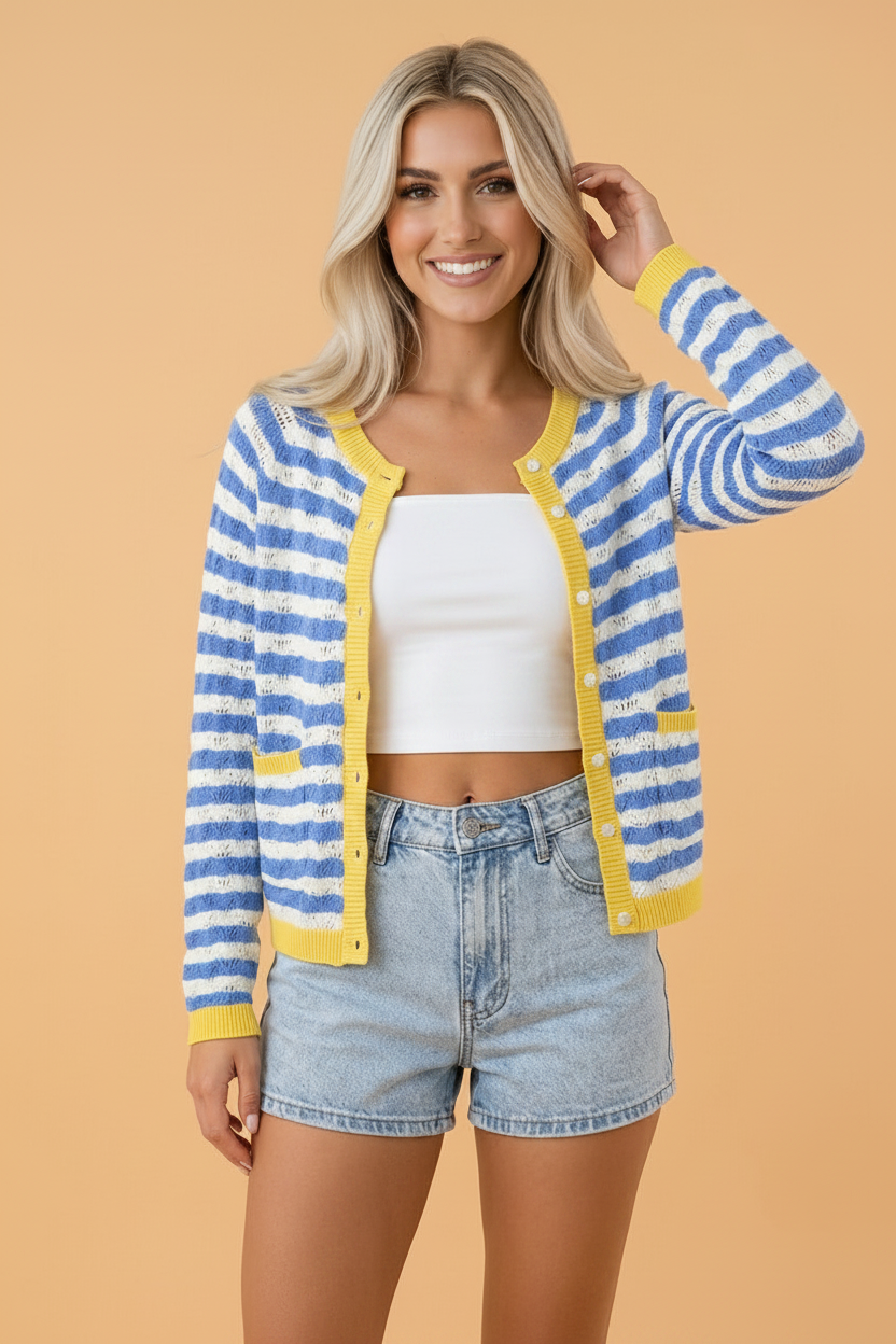 Stripe Colorblock Button Front Cardigan in sky blue stripe, front view