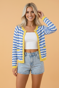 Stripe Colorblock Button Front Cardigan in sky blue stripe, front view