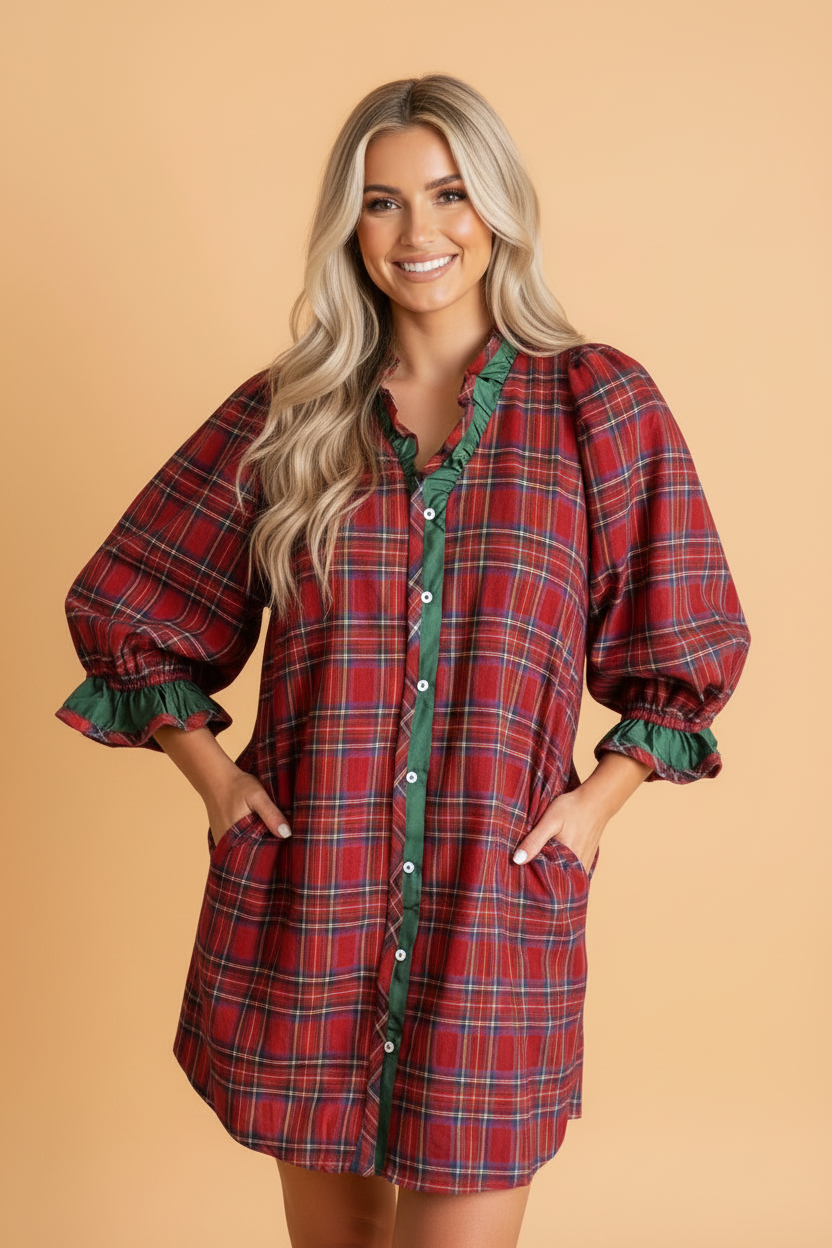 Plaid Ruffle Colorblock Buttoned Mini Dress in Red, front view