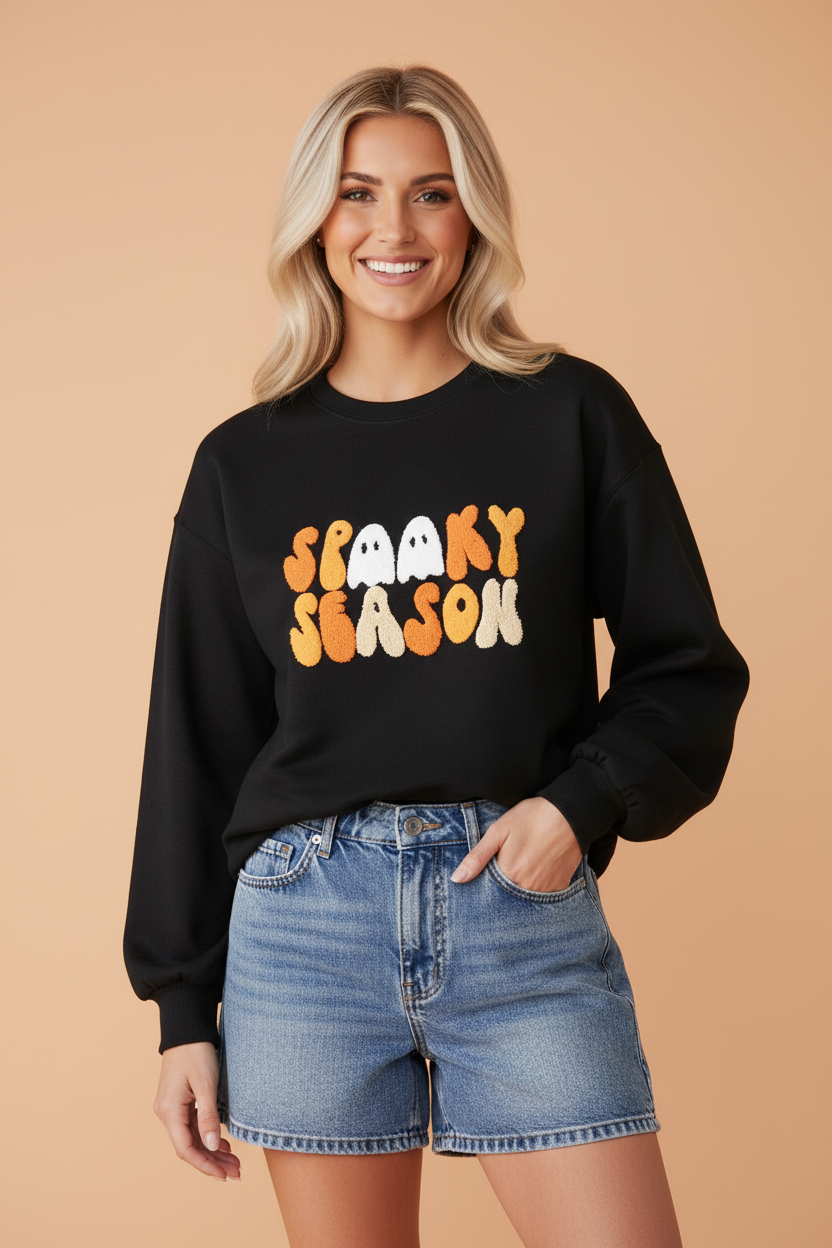 Halloween Spooky Season Embroidered Long Sleeve Sweatshirt, front view