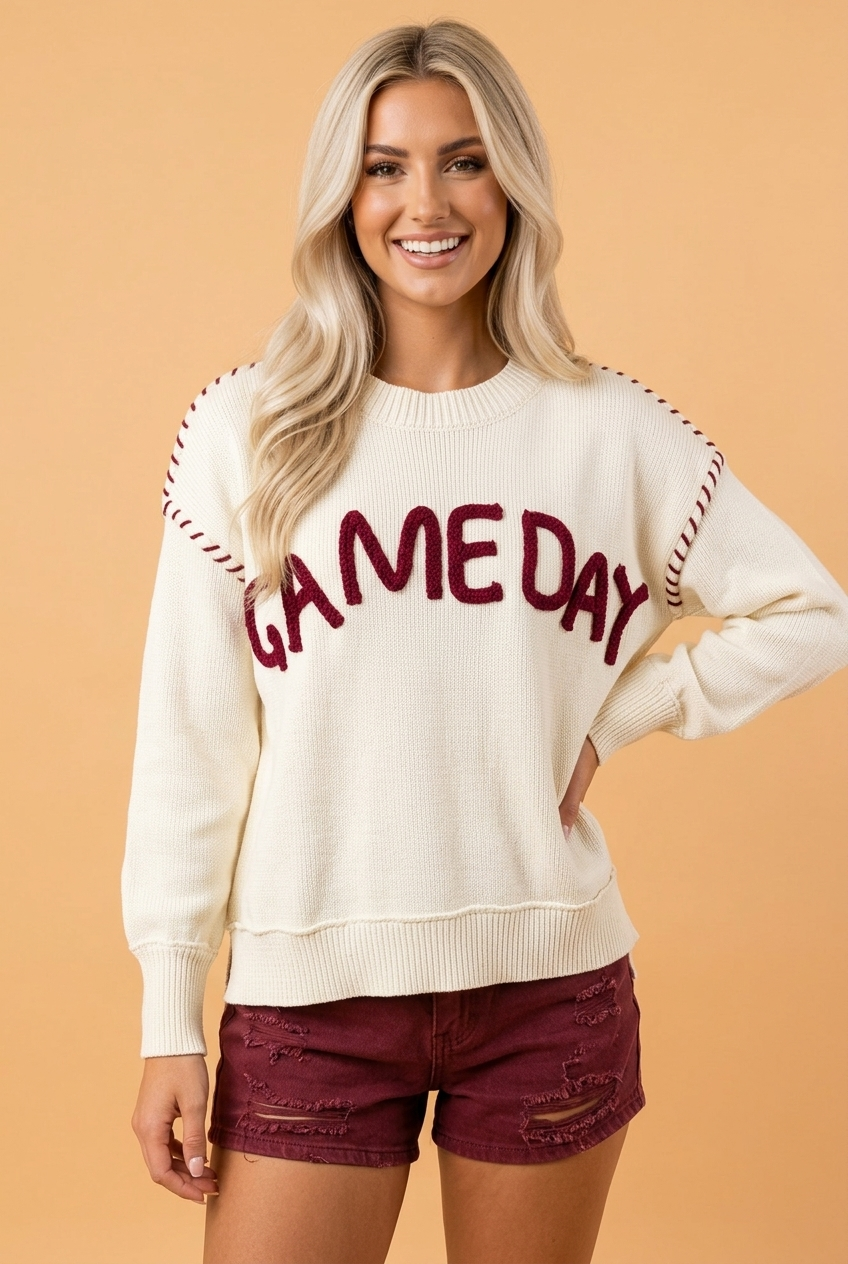 Game Day embroidered drop shoulder sweater in Beige, front view