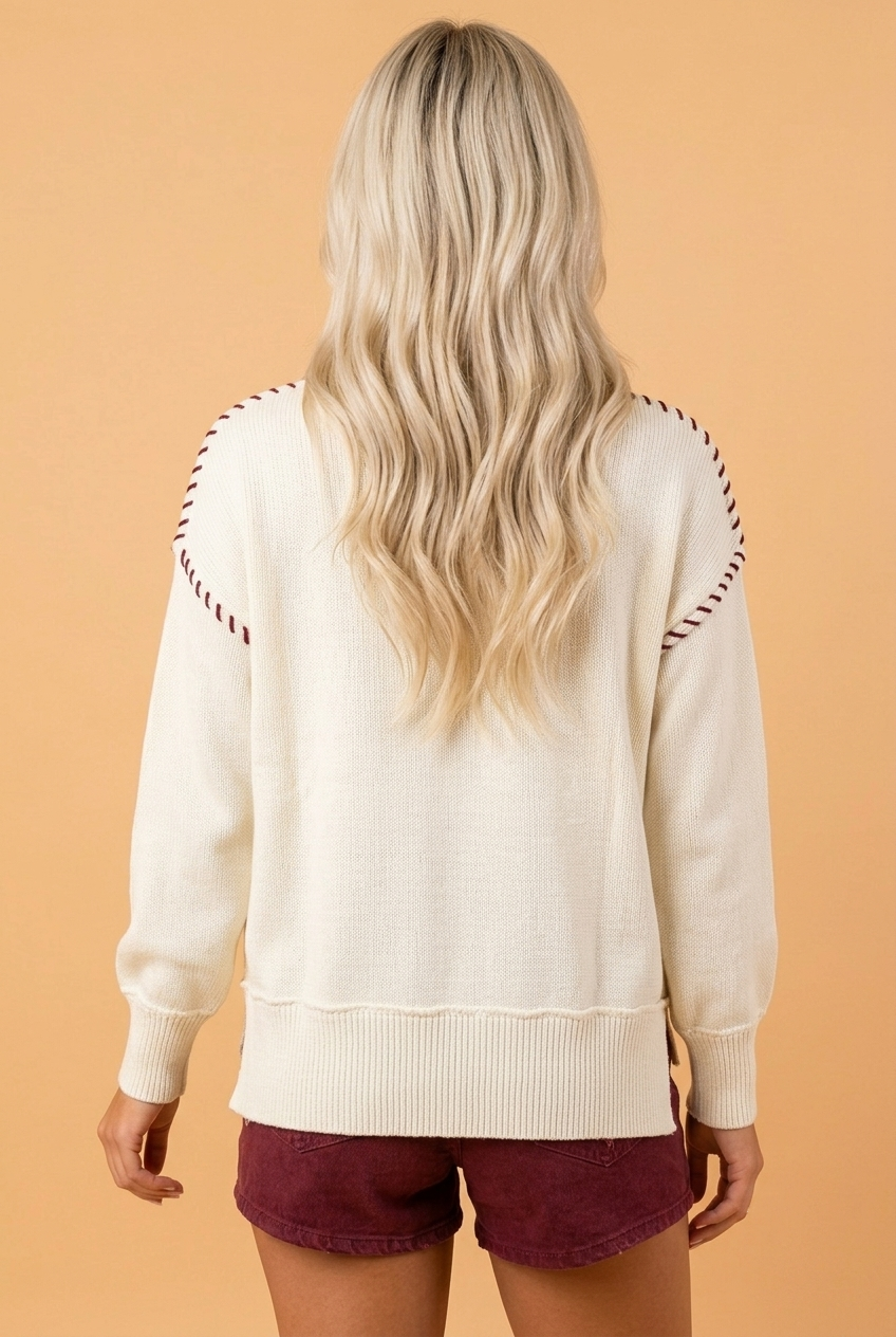 Game Day embroidered drop shoulder sweater in Beige, styled view