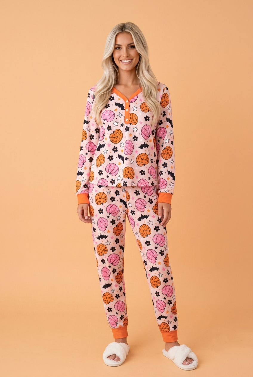 Halloween Pumpkin Long Sleeve Top and Pants Lounge Set in Pink, front view