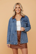Denim Leather Collar Button Front Jacket in sky blue, front view