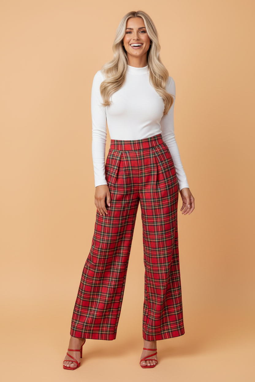 Plaid Pleated Elastic Waist Wide Leg Pants in red, front view