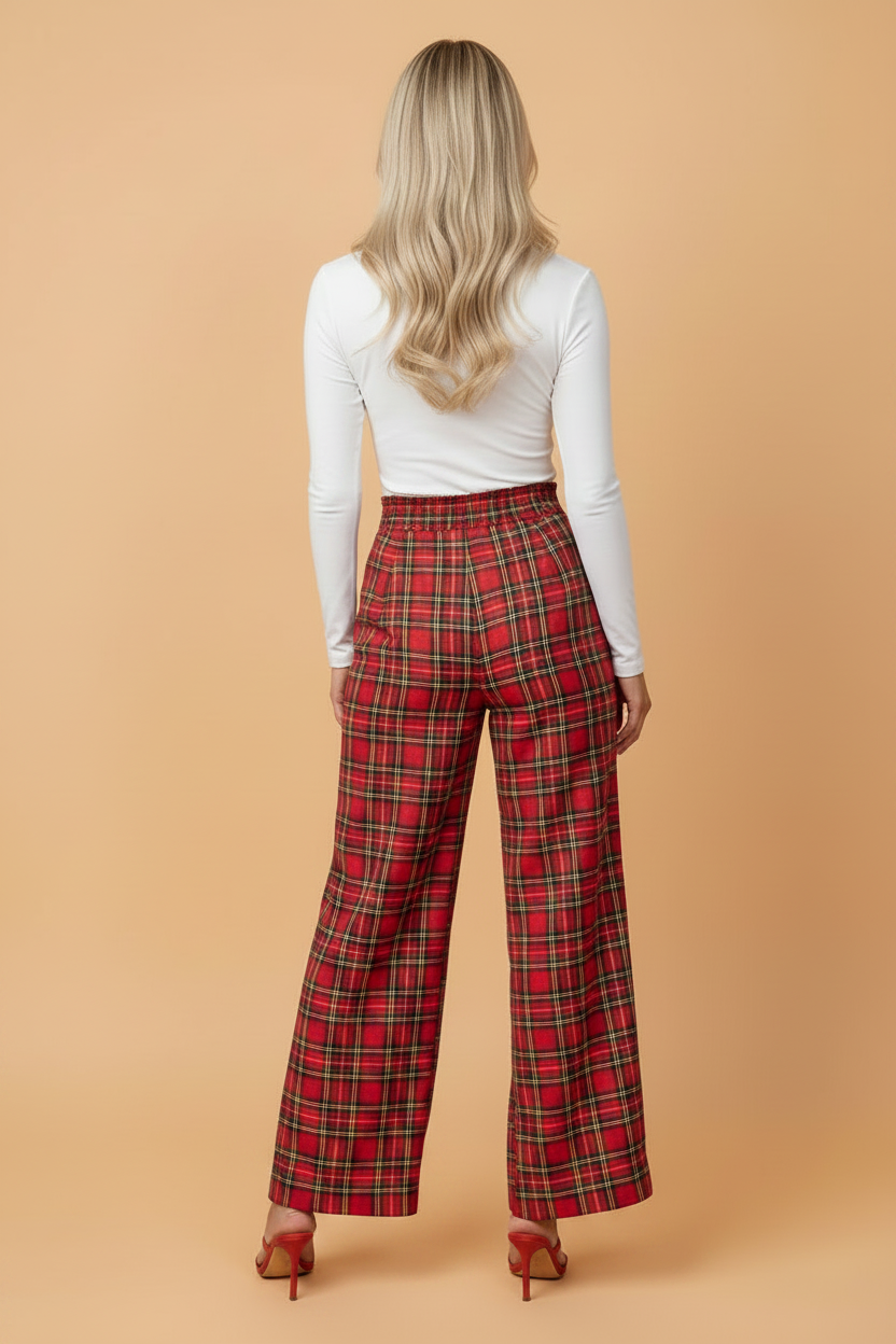 Plaid Pleated Elastic Waist Wide Leg Pants in red, detail