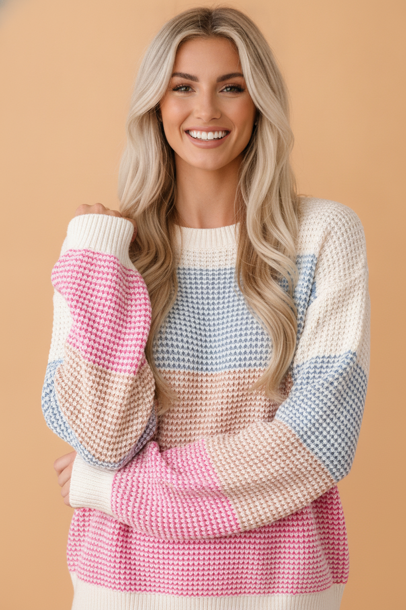 Colorblock Stripe Round Neck Sweater in light blue, front view