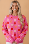 Flower Ribbed Trim Drop Shoulder Sweater in rose, front view