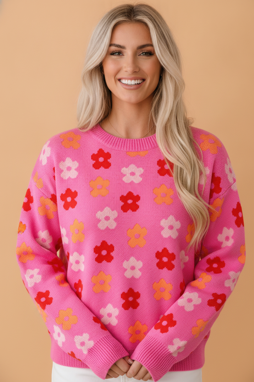 Flower Ribbed Trim Drop Shoulder Sweater in rose, front view