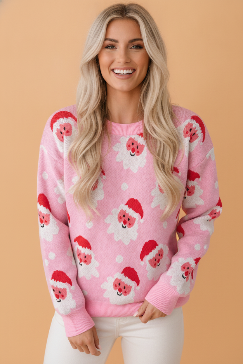 Santa Ribbed Trim Long Sleeve Christmas Sweater in Pink, front view