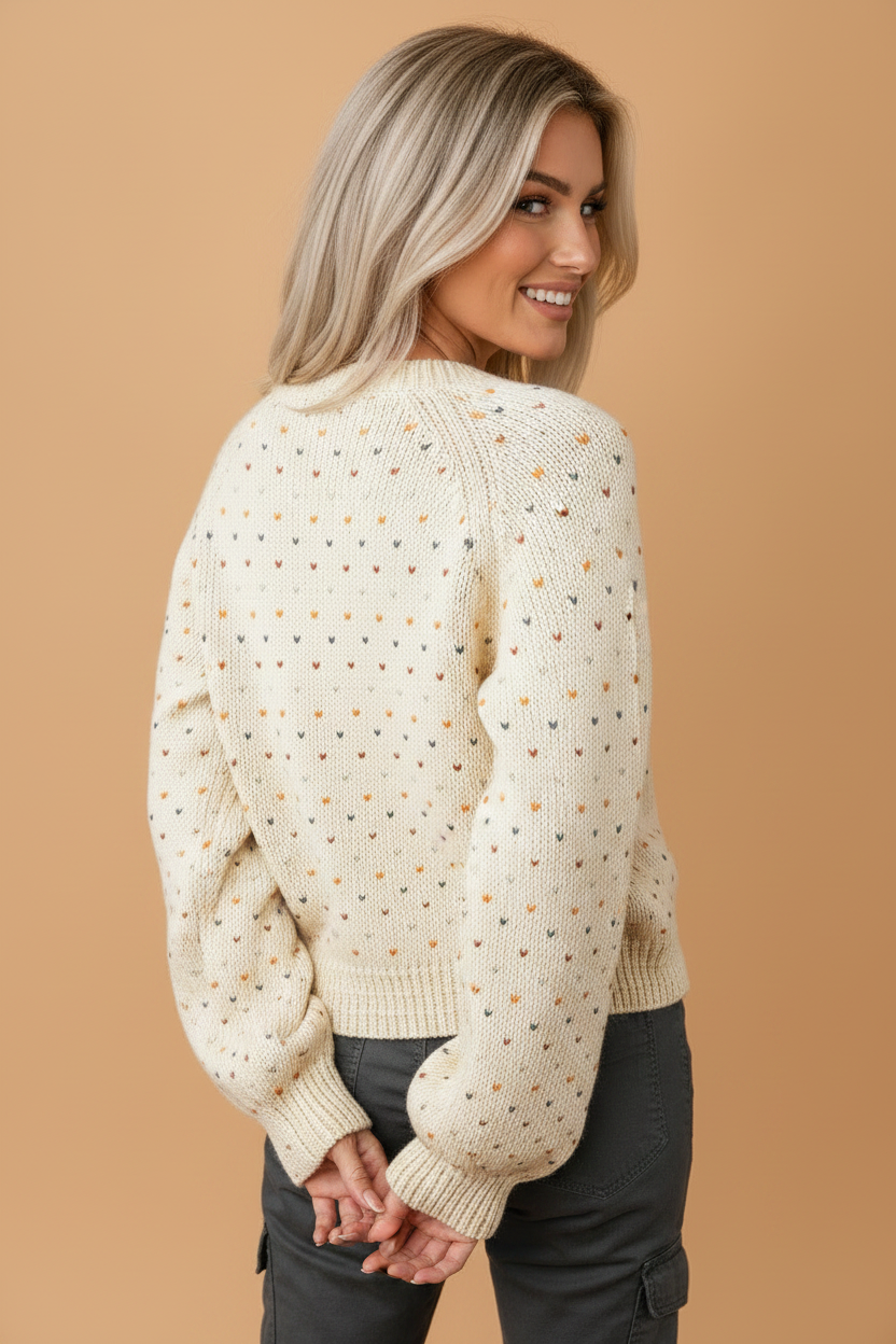 Geometric Polka Dot Button Front Cardigan in beige, detail