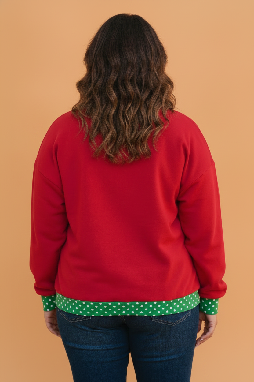 Plus Size Polka Dot Contrast Trim Mock Neck Sweatshirt in Orange, detail view