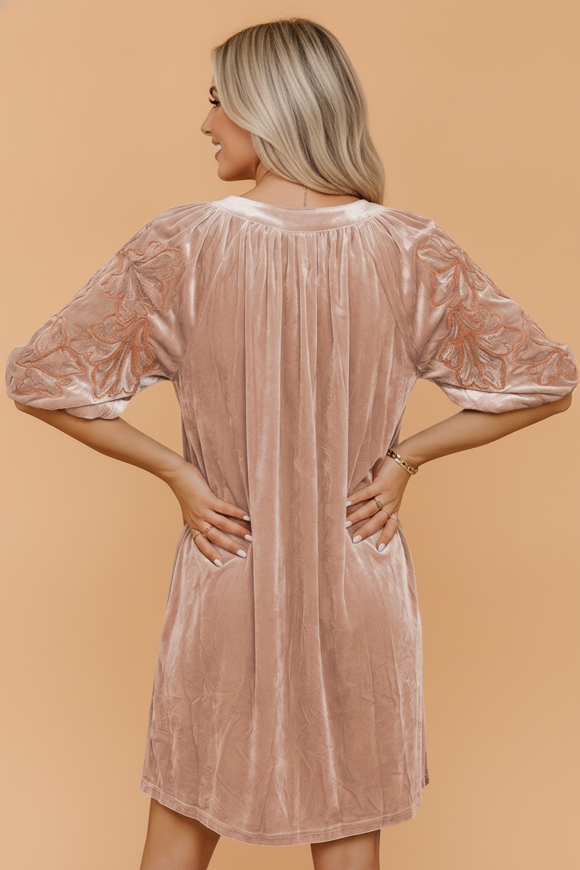 Solid Floral Embroidered Velvet Puff Sleeve Mini Dress, detail view