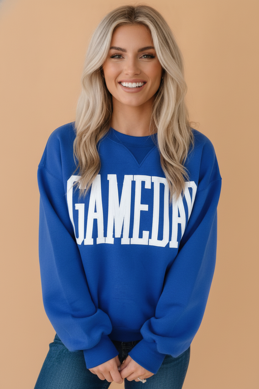 GAMEDAY embroidered patch long sleeve sweatshirt in Sky Blue, front view