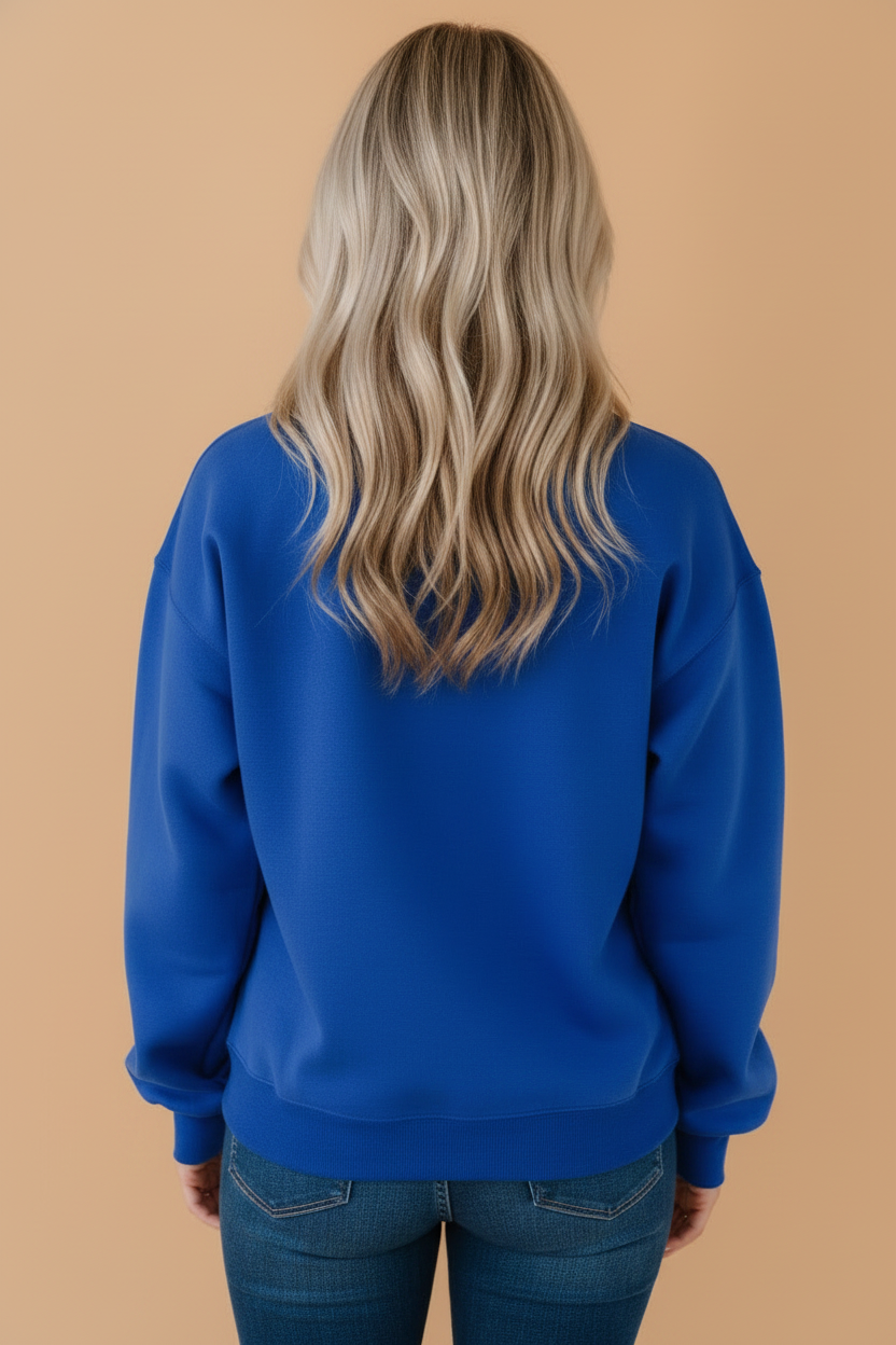 GAMEDAY embroidered patch long sleeve sweatshirt in Sky Blue, styled view