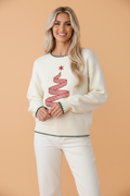 Gingham Christmas Tree Contrast Stitching Sweater, front view