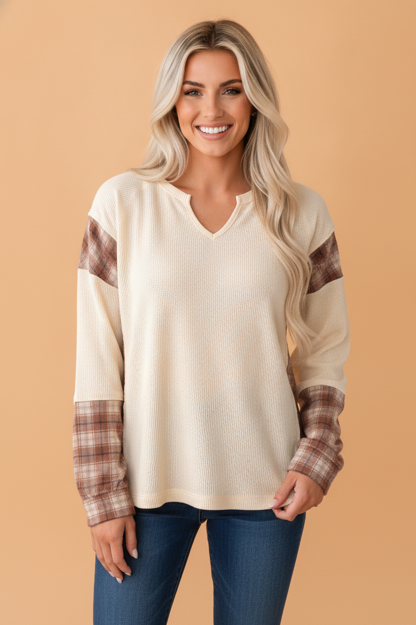 Plaid Patchwork Waffle Knit V-Neck Top in beige, front view