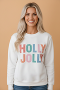 Christmas Holly Jolly Patchwork Sweatshirt in white, front view
