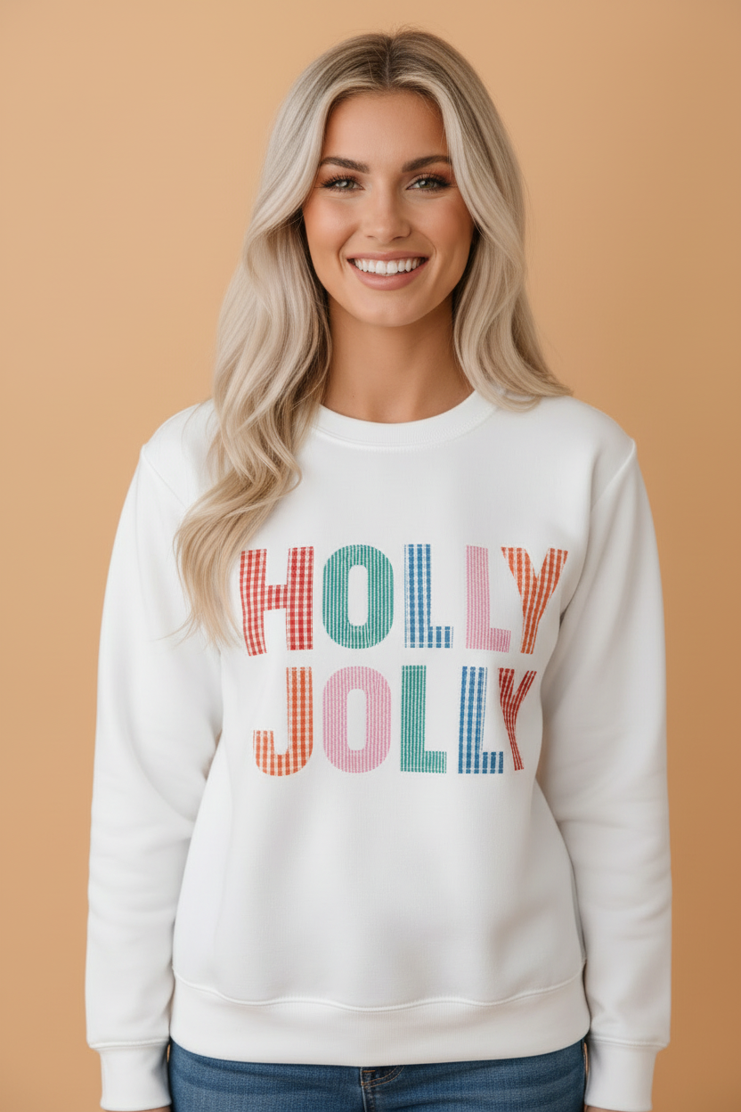 Christmas Holly Jolly Patchwork Sweatshirt in white, front view
