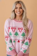 Christmas Trees & Bows Sweater in pink, front view