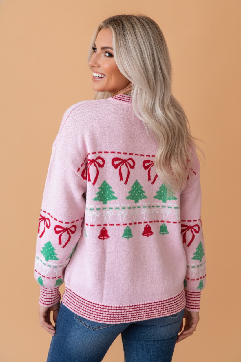 Christmas Trees & Bows Sweater in pink, detail