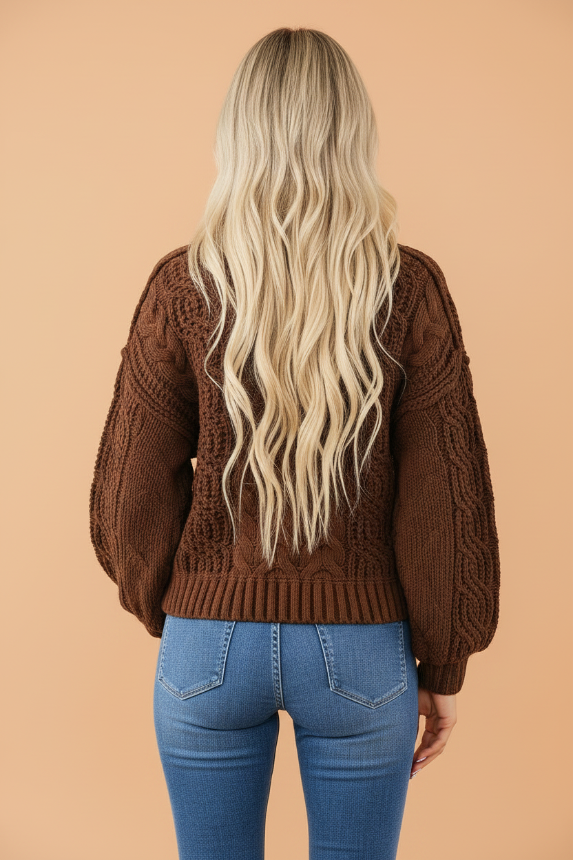 Cable Knit Mock Neck Sweater in coffee, detail