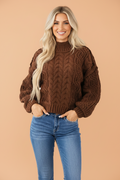 Cable Knit Mock Neck Sweater in coffee, front view