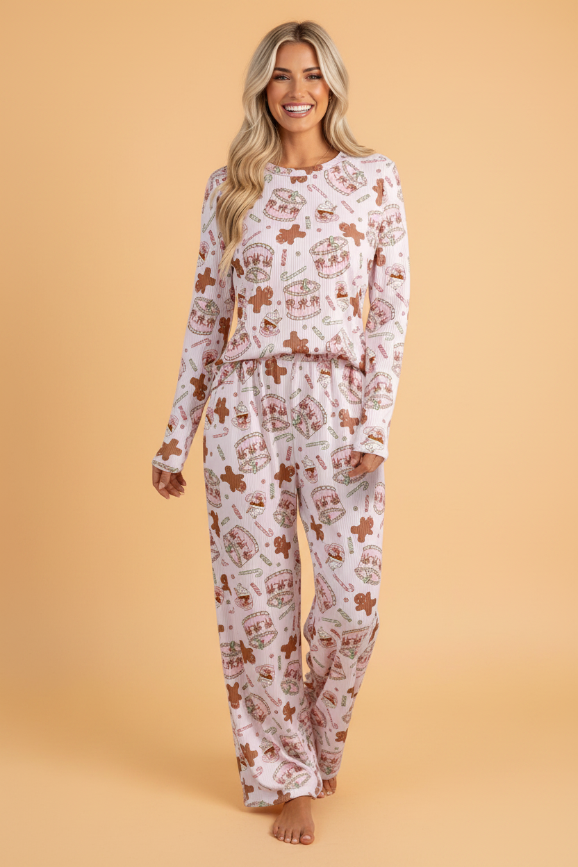 Christmas Ribbed Knit Pajama Set in pink, front view