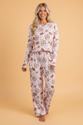 Christmas Ribbed Knit Pajama Set in pink, front view