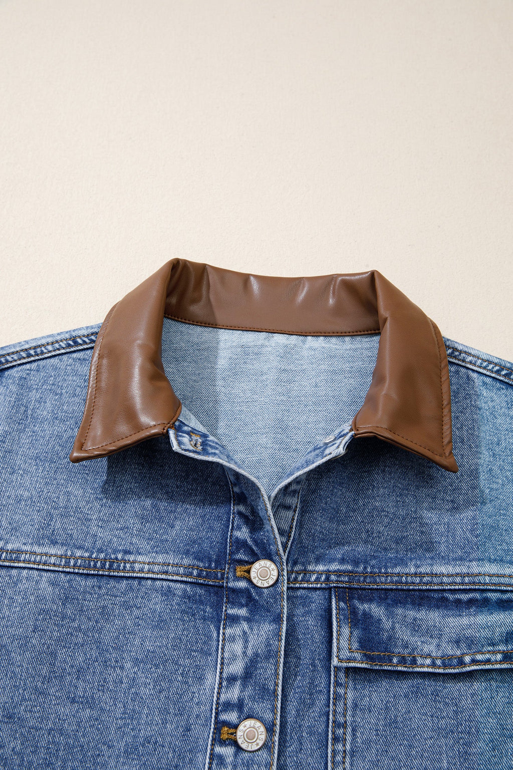 Denim Leather Collar Button Front Jacket in sky blue, close-up