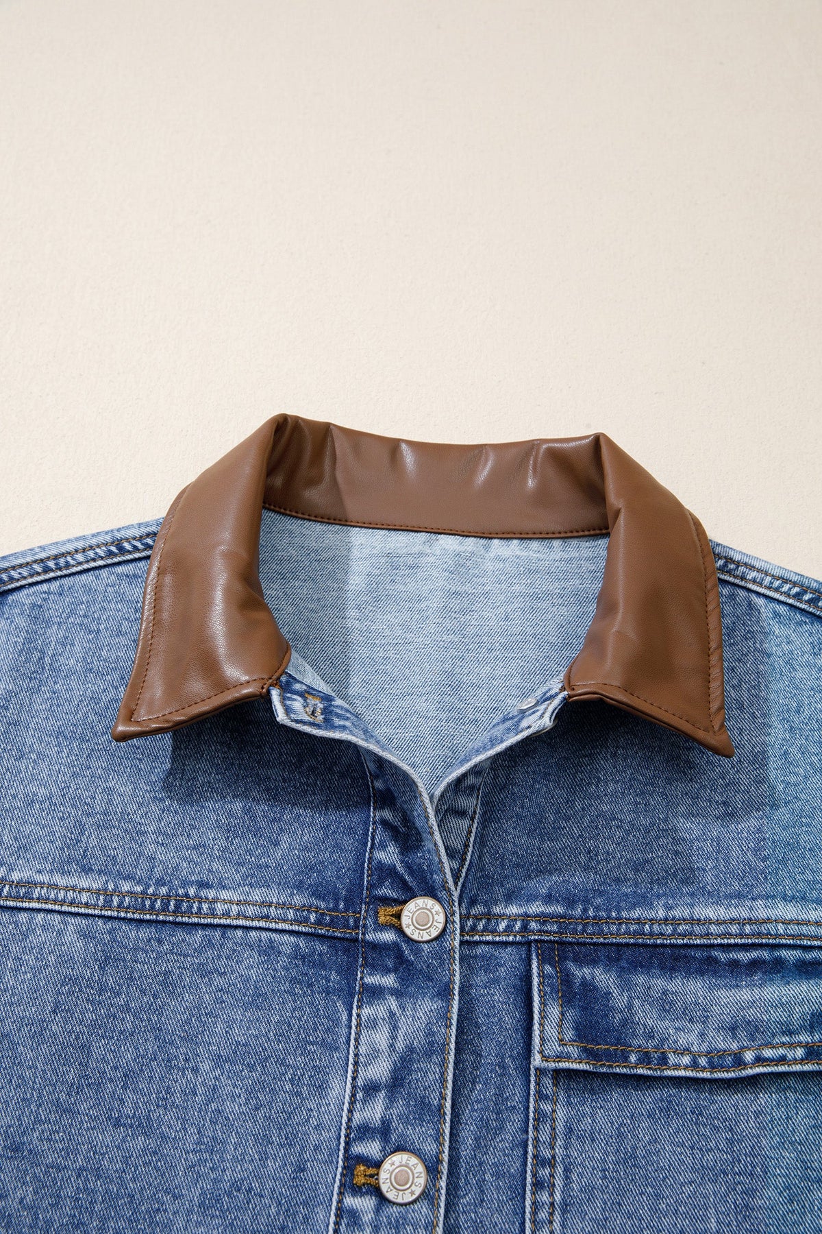 Denim Leather Collar Button Front Jacket in sky blue, close-up