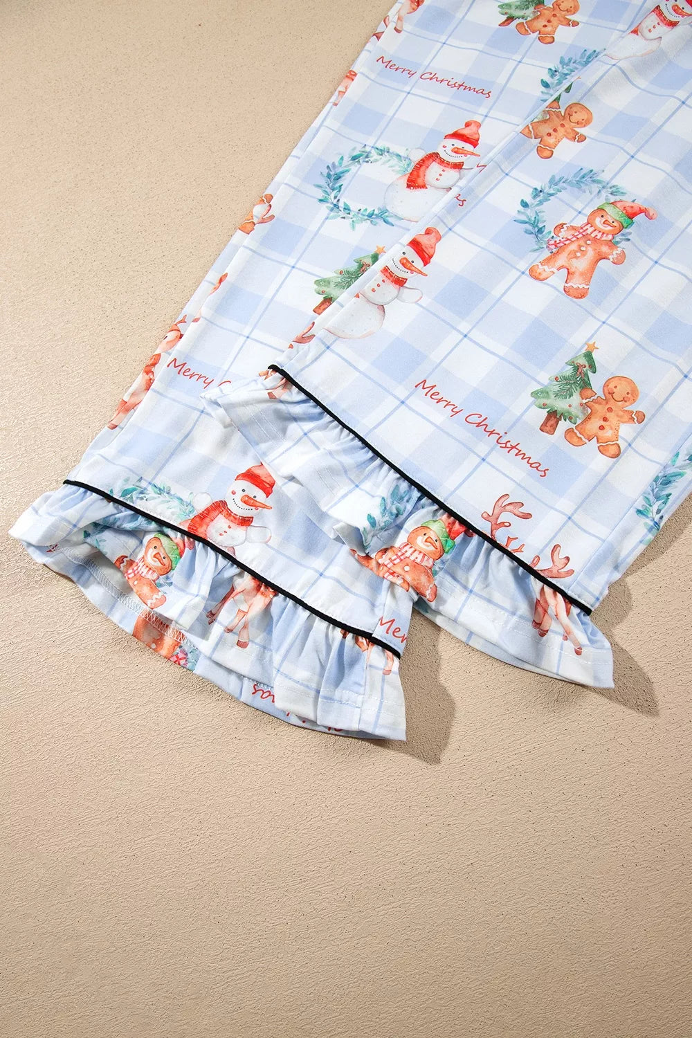 Light blue plaid Christmas pajama set with button-front shirt and pants - view 9