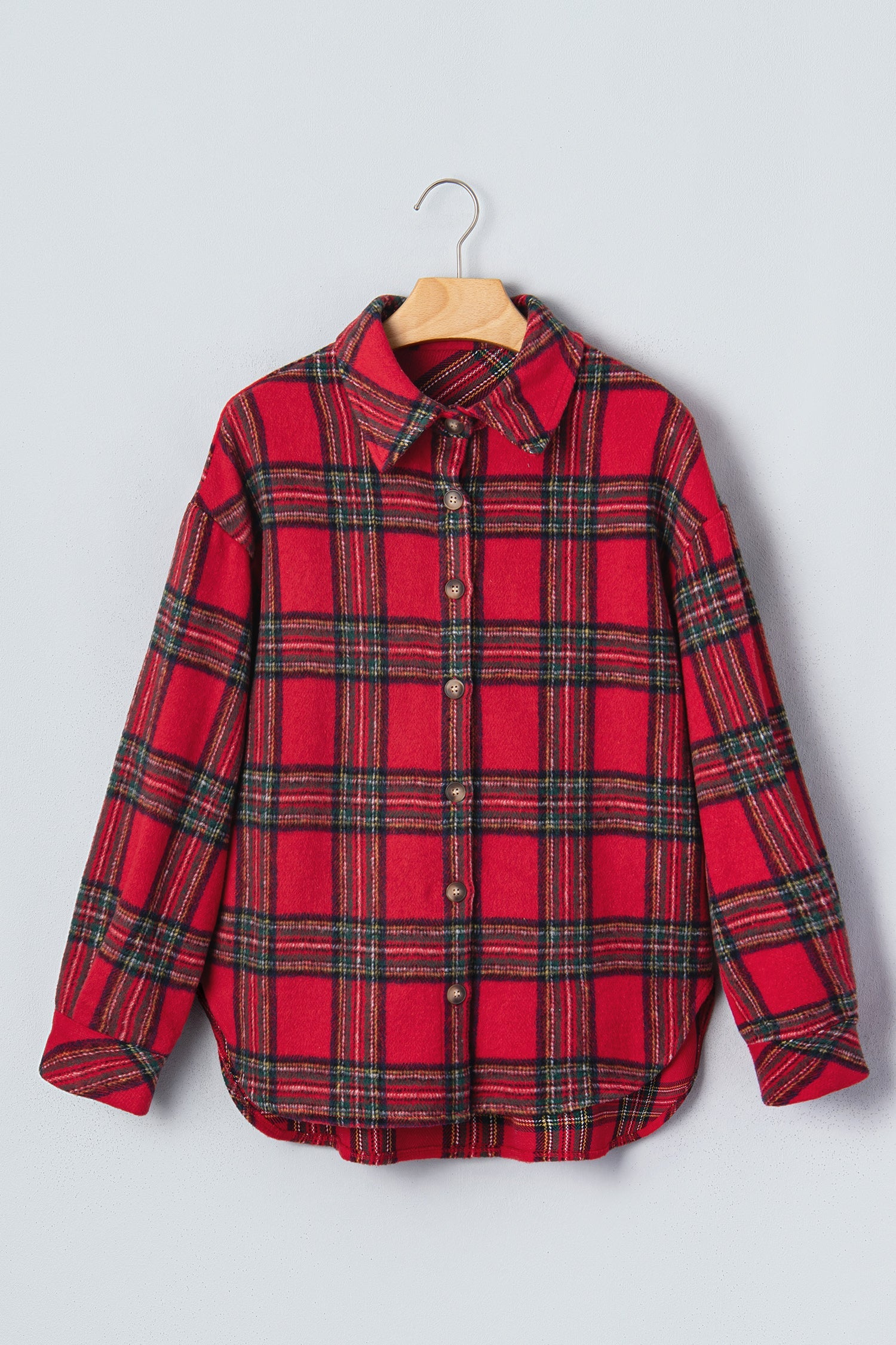 Plaid Button Front Long Sleeve Shacket in Red, detail view