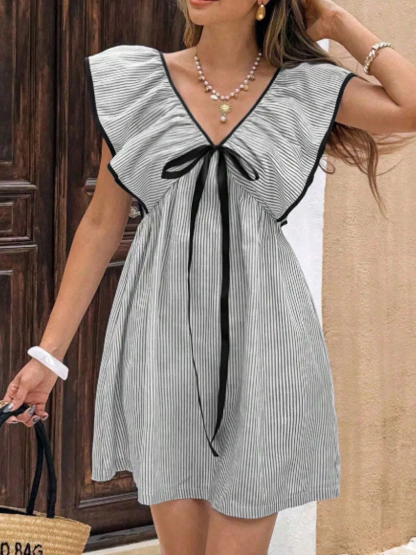 Striped Ruffle Sleeve Mini Dress - striped bow ruffle sleeve dress, view 7