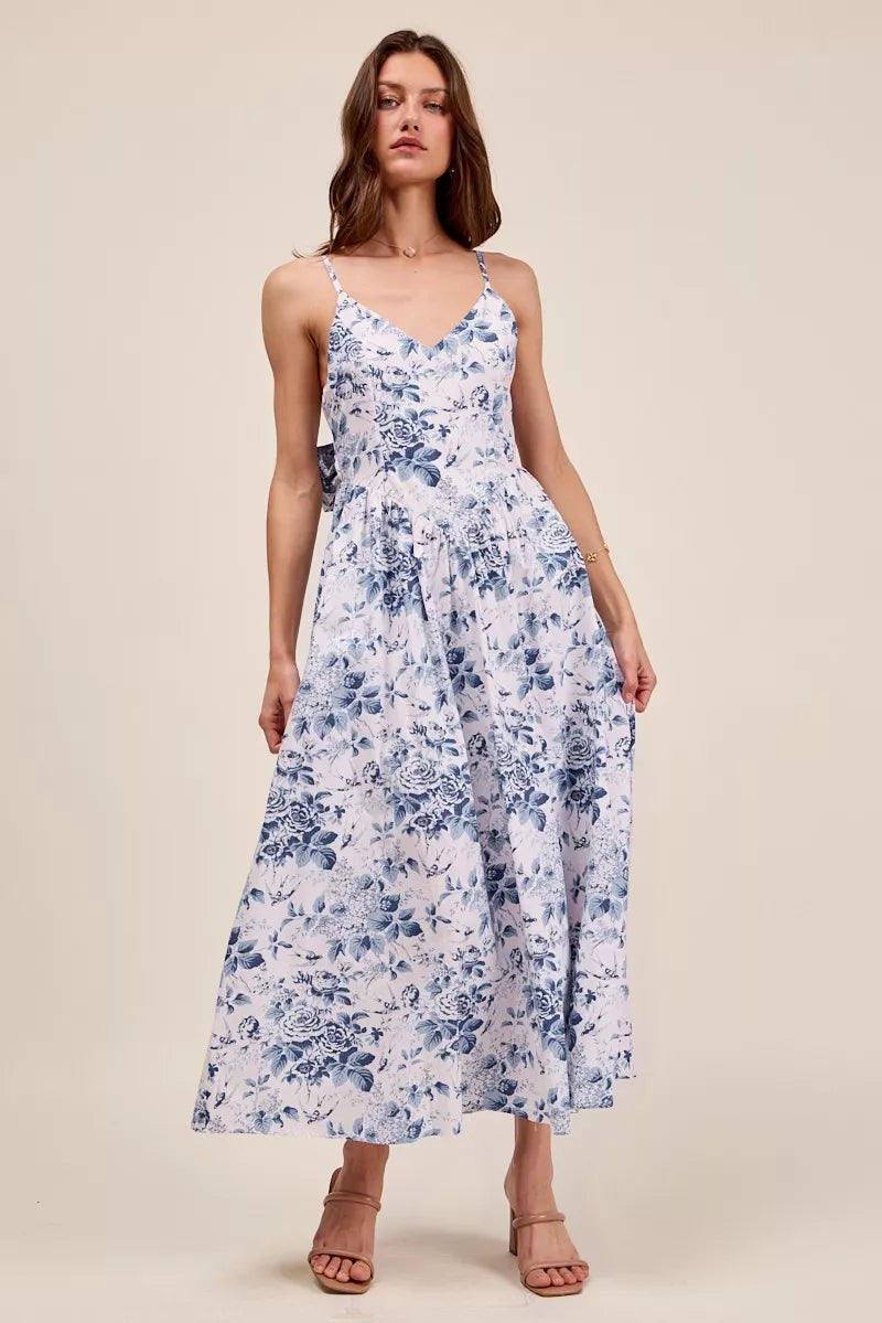 SO ME Floral Woven V Neck Dress With Back Ribbon Tie in Blue Combo - front view