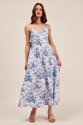 SO ME Floral Woven V Neck Dress With Back Ribbon Tie in Blue Combo - front view