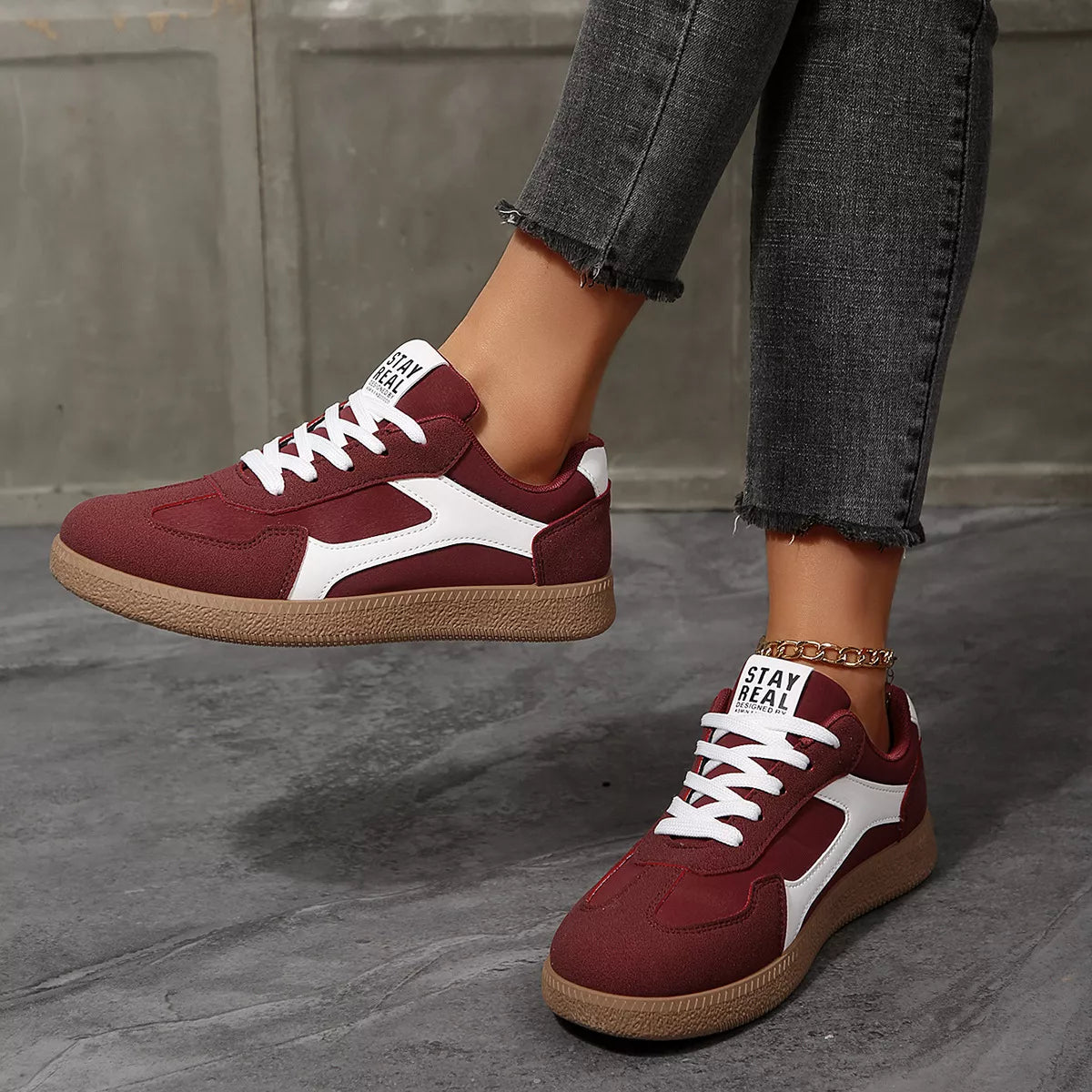 Round Toe Flats Sneakers in Wine Red - side view