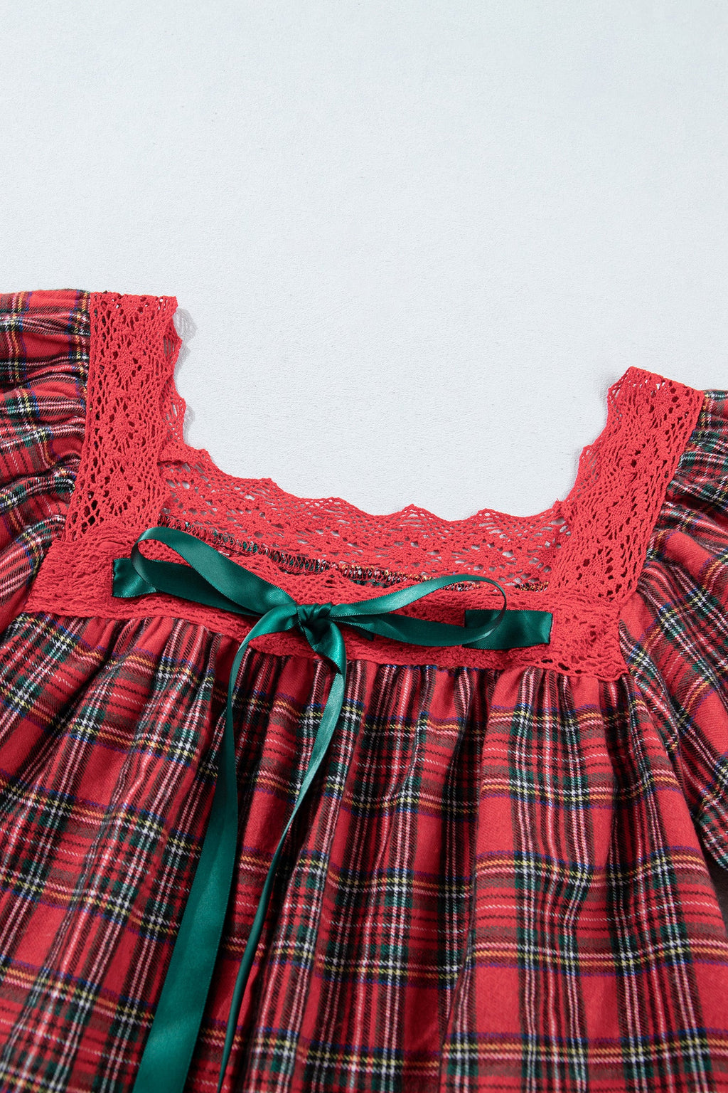 Plaid Lace Trim Square Neck Mini Babydoll Dress in Red, back view