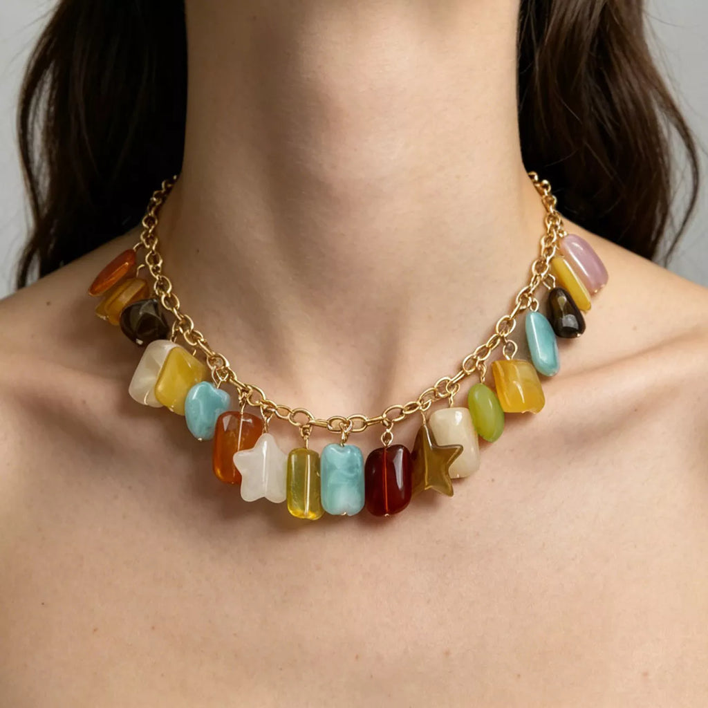 Bohemian Multi-Color Gemstone Charm Necklace - styled view