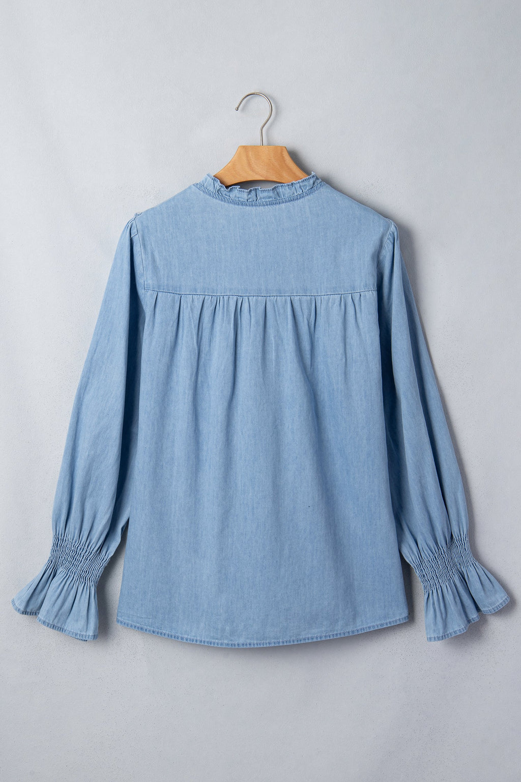 Chambray Ruffle V-Neck Blouse in beau blue, side view