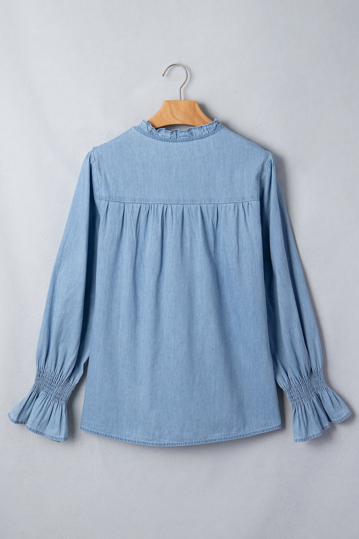 Chambray Ruffle V-Neck Blouse in beau blue, side view
