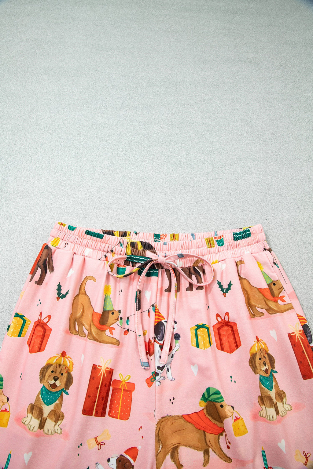 Christmas Dog Print Pajama Set in pink, close-up print detail