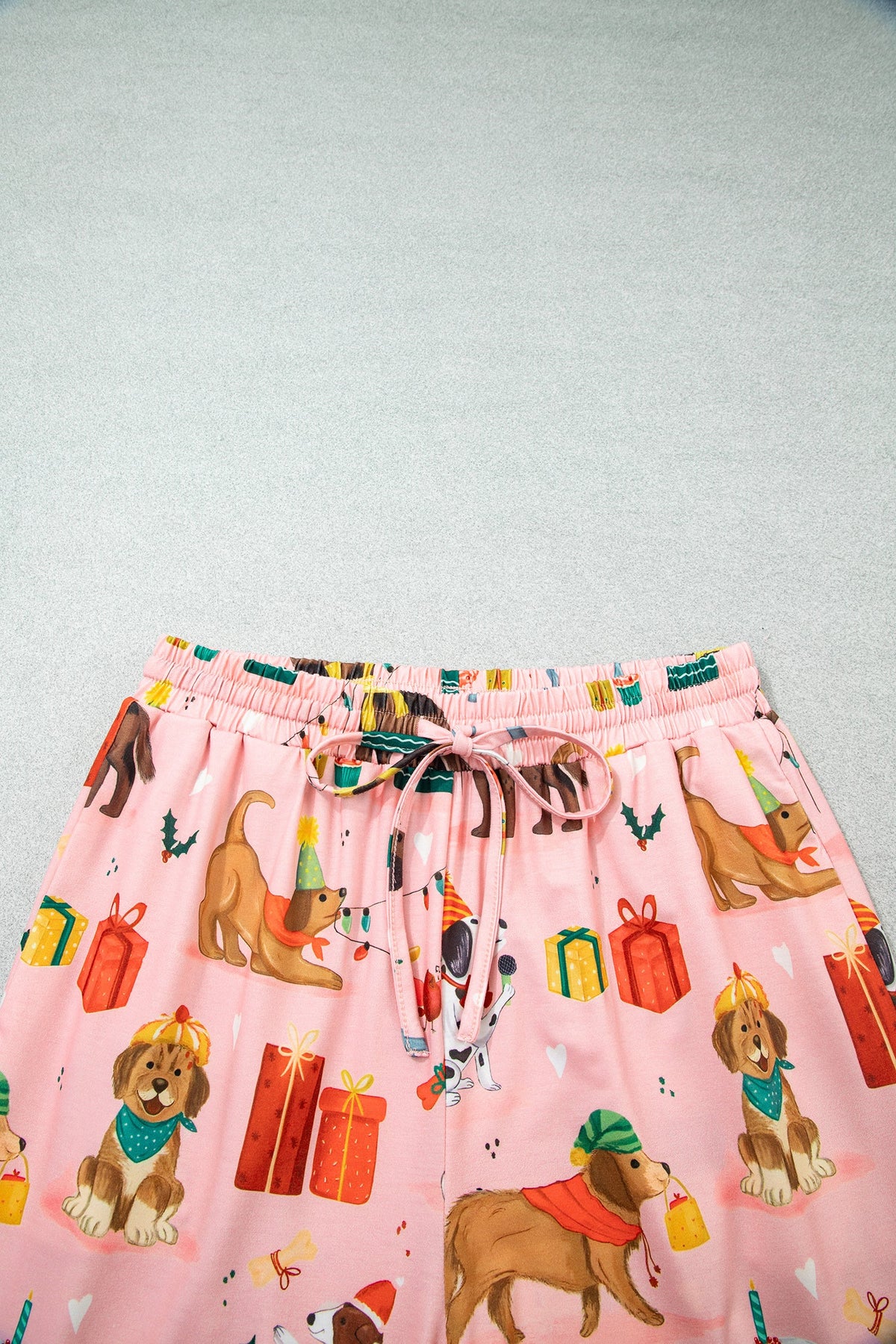 Christmas Dog Print Pajama Set in pink, close-up print detail
