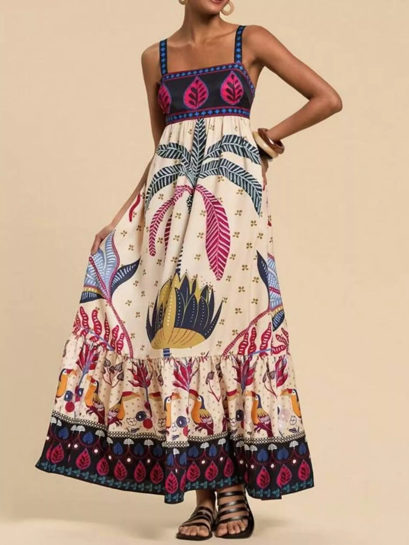Printed Square Neck Maxi Dress in Tan - front view showing square neckline