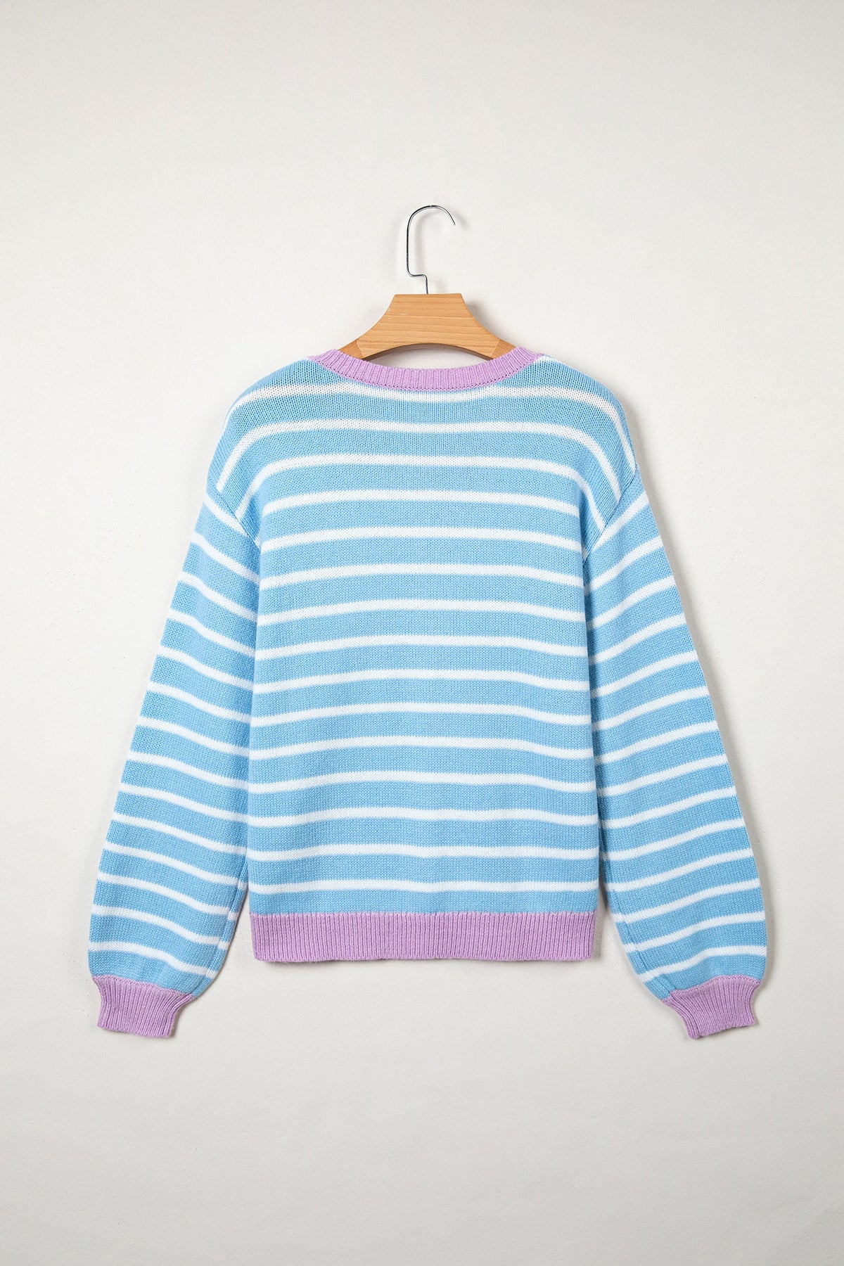 Stripe Open Front Cardigan in sky blue stripe, close-up